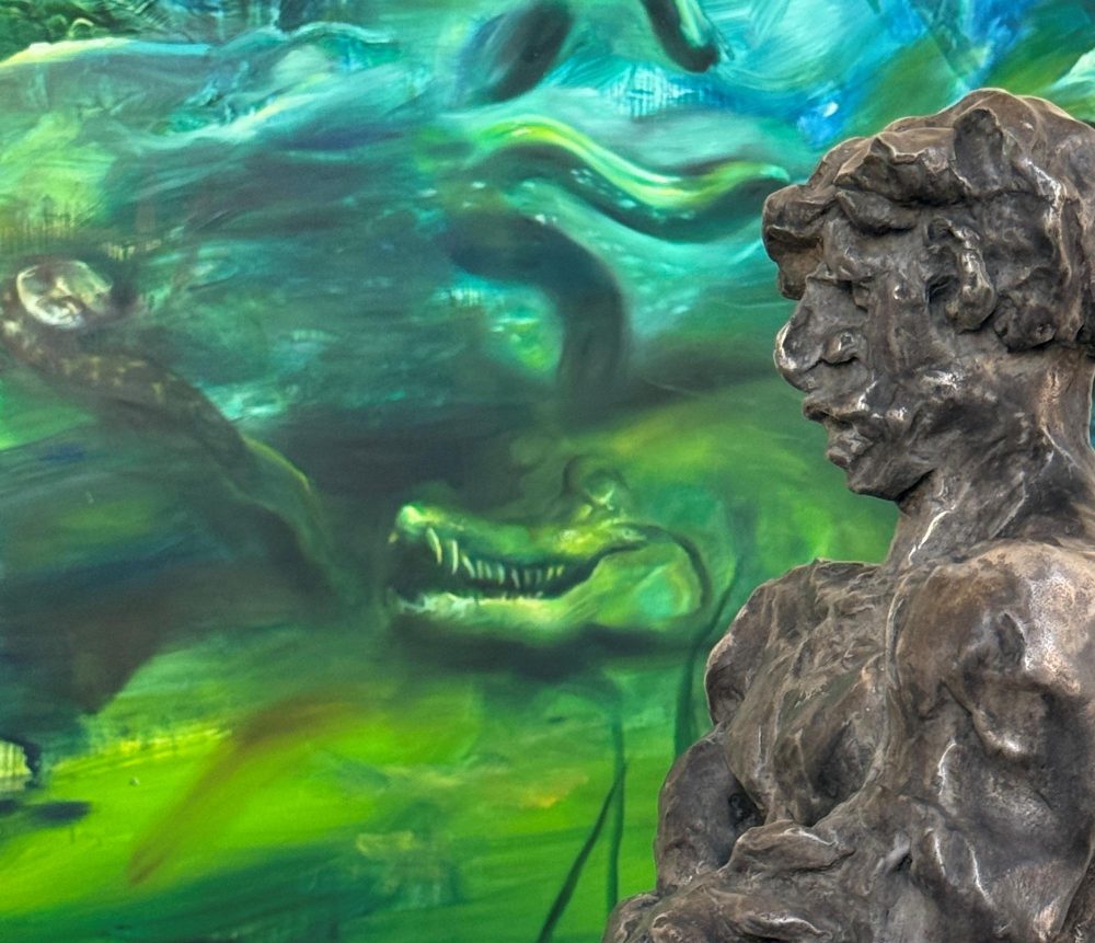 C. Calore, Abisso, olio su tela, 2026 – H. Beaufour, Le Centaure, scultura in bronzo, 2020 (dettagli)