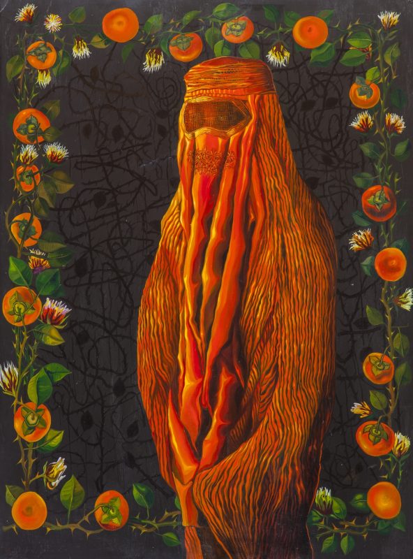 Alfonso Leto, “Ritratto in arancione”, 2018. Olio su ardesia, cm 120x90 (propr. dell'artista). Esposta e pubblicata in: Alfonso Leto, "Screen- pittura continua”, Casa del Mantegna, Mantova, a cura di Ilaria Bignotti e Enzo Fiammetta, ed. Fondazione Orestiadi, 2025