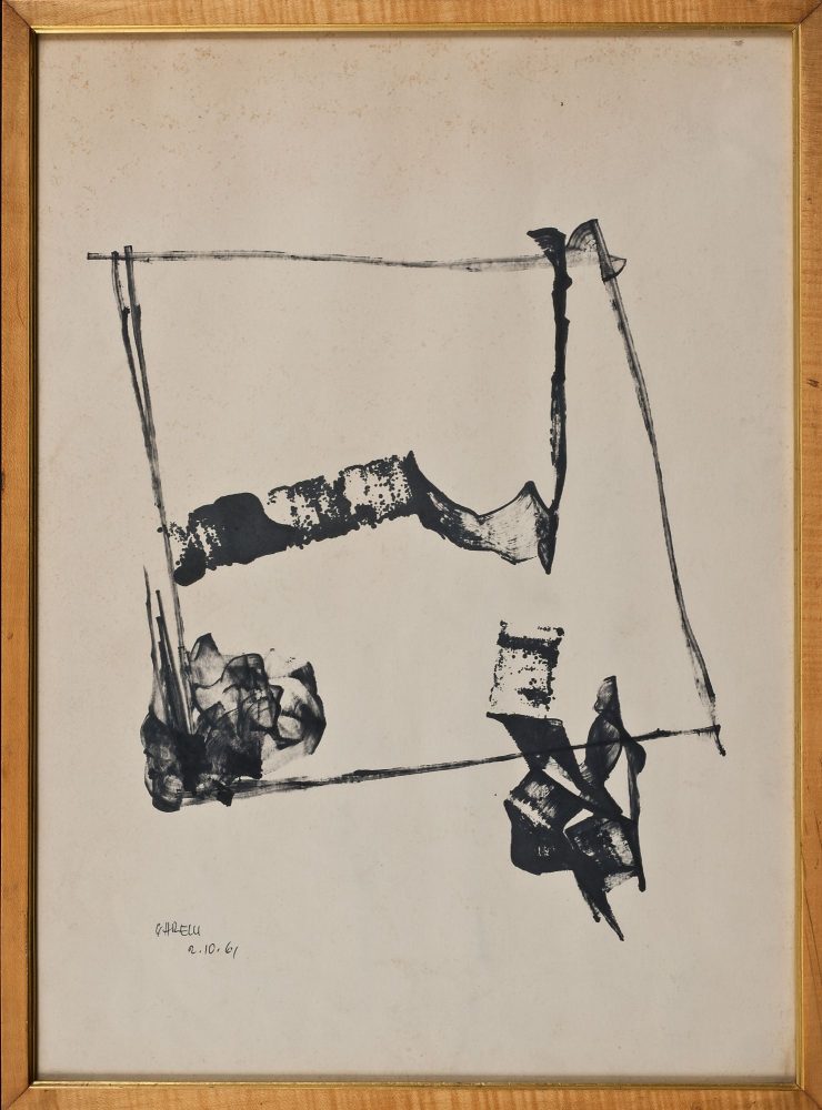 Franco Garelli, Senza titolo, inchiostro su cartone, cm 47 x 34, firmato e datato “Garelli 2.10.61”, sul retro “Galleria D’Arte Piemonte Artistico e Culturale, via Roma 260, tel. 42737”