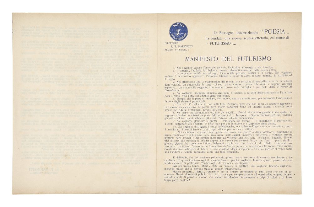 Lotto 15 Manifesto del futurismo. Milano: Rassegna Internazionale Poesia [stampa: Poligrafia Italiana-Milano], s.d. [gennaio 1909] MARINETTI, Filippo Tommaso (1876-1944) Stima: € 12.000 - 18.000 Courtesy: Il Ponte Casa d'Aste