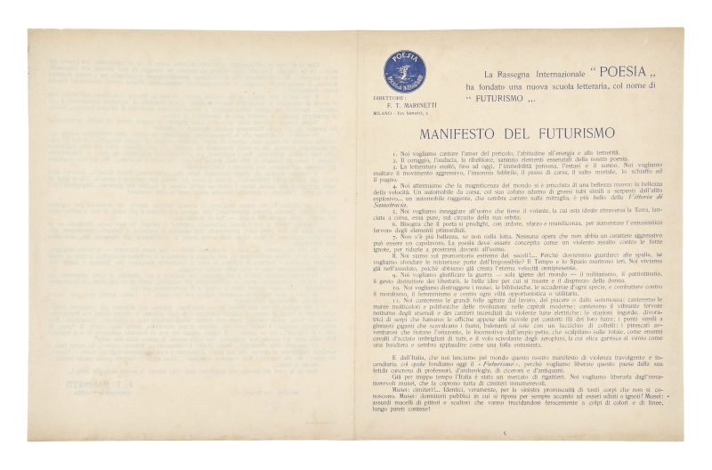 Lotto 15 Manifesto del futurismo. Milano: Rassegna Internazionale Poesia [stampa: Poligrafia Italiana-Milano], s.d. [gennaio 1909] MARINETTI, Filippo Tommaso (1876-1944) Stima: € 12.000 - 18.000 Courtesy: Il Ponte Casa d'Aste