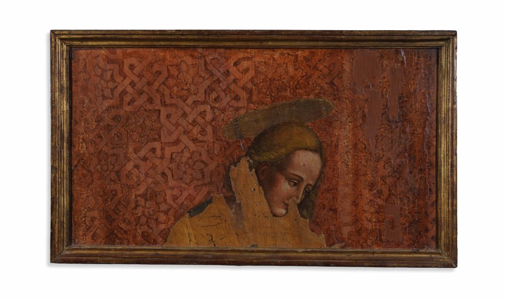 Lotto 163 Artista del XV secolo, Frammento raffigurante testa di santo, olio su tavola, 38,0 × 66,0 × 3,5 cm. Stima: € 3.000 – 5.000. Courtesy Capitolium Art