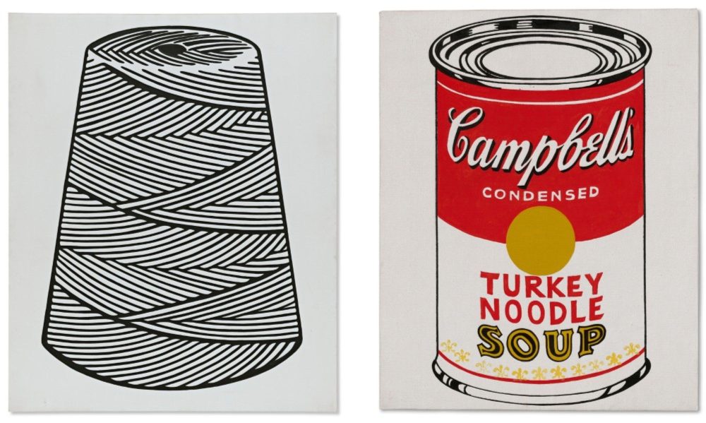 Roy Lichtenstein, Large Spool, 1963, e Andy Warhol, Campbell's Soup Can (Turkey Noodle), 1962, Courtesy Christie's