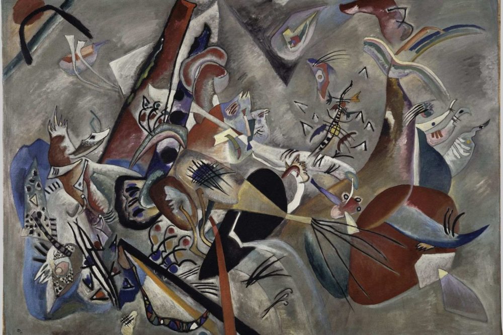 Vassily Kandinsky Im Grau (Dans le gris) 1919. Huile sur toile, 129×176 cm Legs de Nina Kandinsky, 1981 Collection Centre Pompidou. Domaine public. Photo © Centre Pompidou, MNAM-CCI/Hélène Mauri/Dist