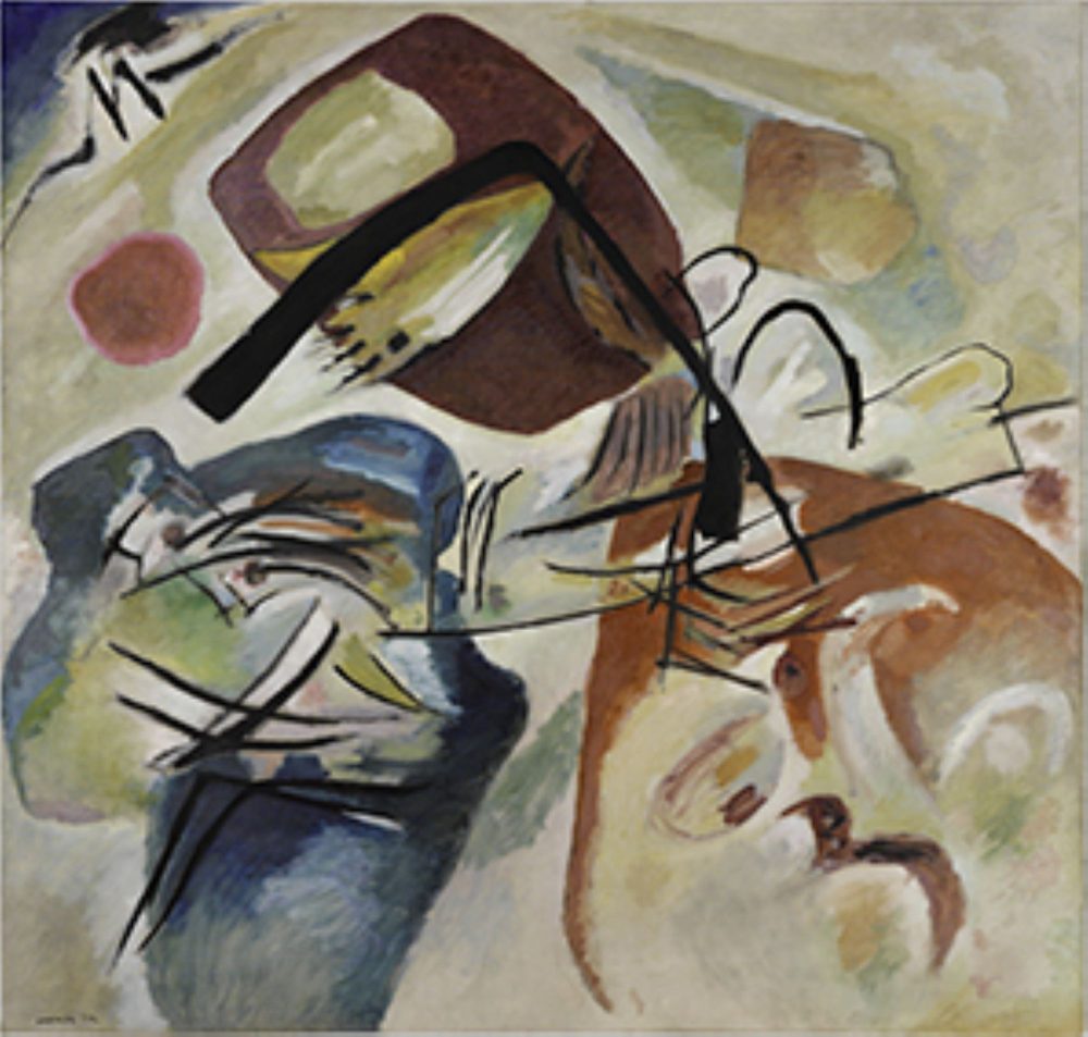 Vassily Kandinsky, Mit dem schwarzen Bogen (Avec l’arc noir) 1912. Huile sur toile, 189×198 cm. Donation Nina Kandinsky, 1976 Collection Centre Pompidou. Domaine public. Photo © Centre Pompidou, MNAM-CCI/Hélène