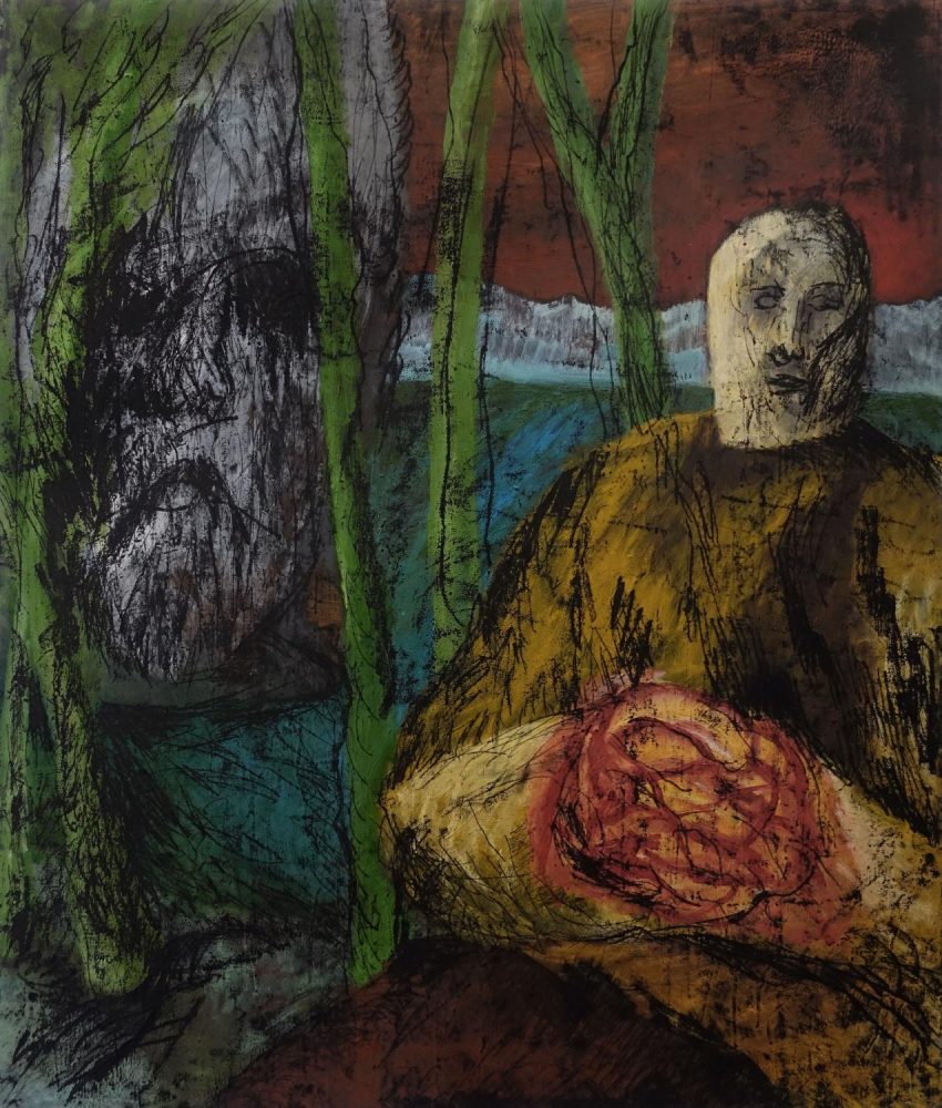 CANEMORTO, GOGOETARI, olio e inchiostro calcografico su tela, 120 x 100 cm, 2025, Courtesy Galleria Poggiali