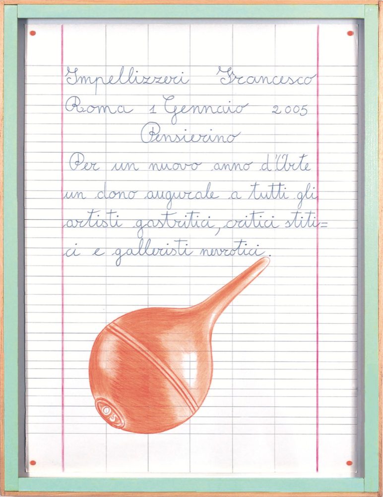 Francesco Impellizzeri, Pensierino Anno Nuovo, grande penna, matite colorate su carta e cornice dipinta 110X85cm, 2005