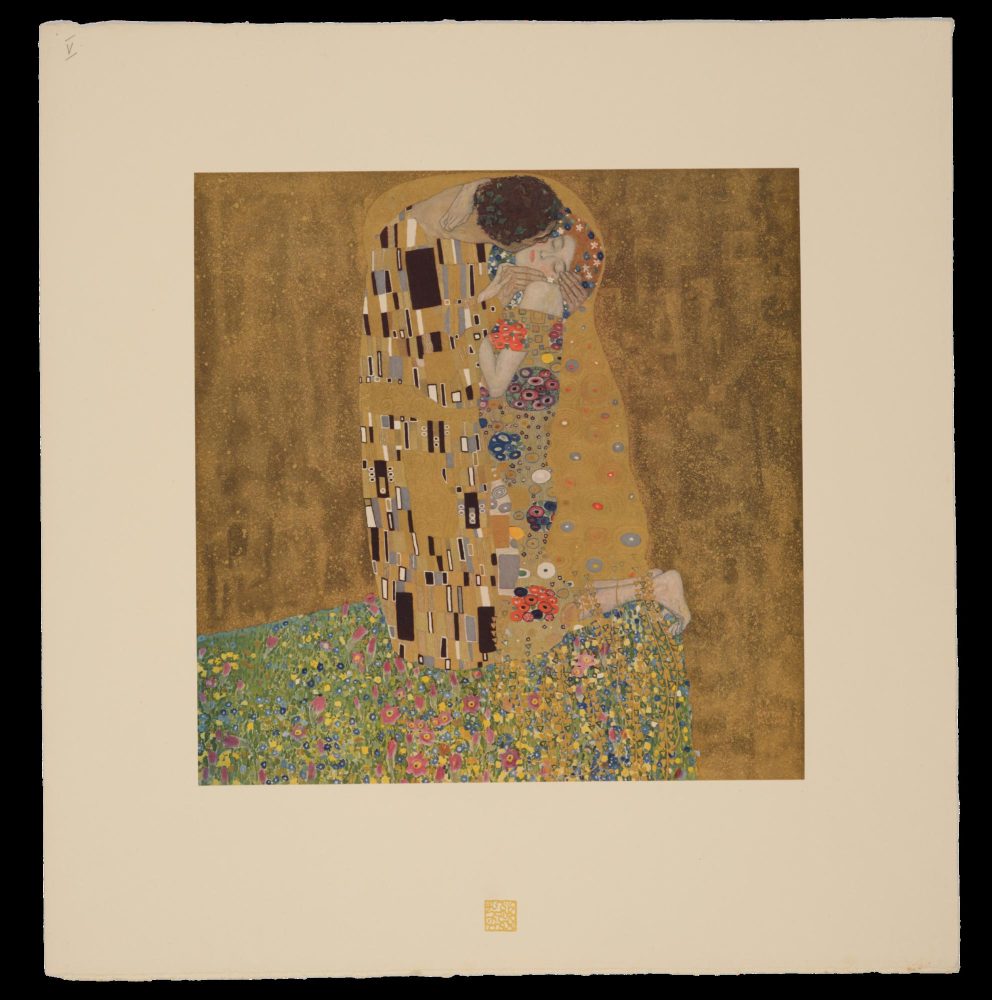 Gustav Klimt, Il bacio, Cart. Hugo Heller, 41 (1918), Collezione privata Fiorenzo Silvestri, Opera originale, olio su tela (Österreichische Galerie Belvedere, Vienna)
